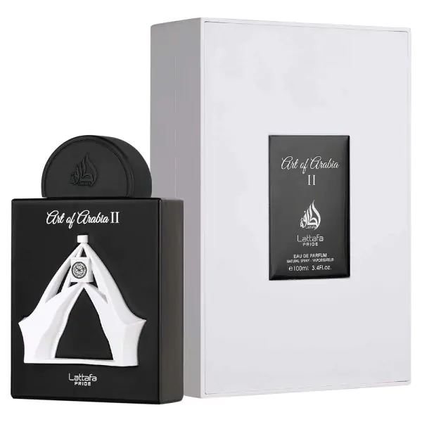 Frasco preto de perfume Oud of Arabia II com duas mãos brancas e caixa branca