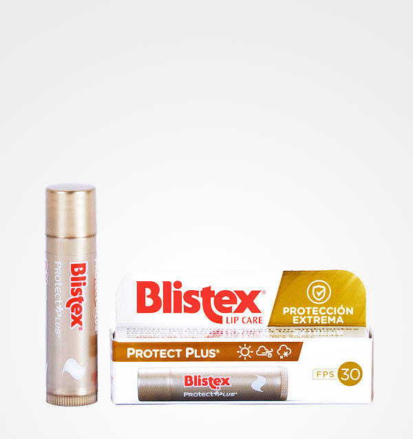 Bálsamo labial Blistex Protect Plus com embalagem e tubo dourado