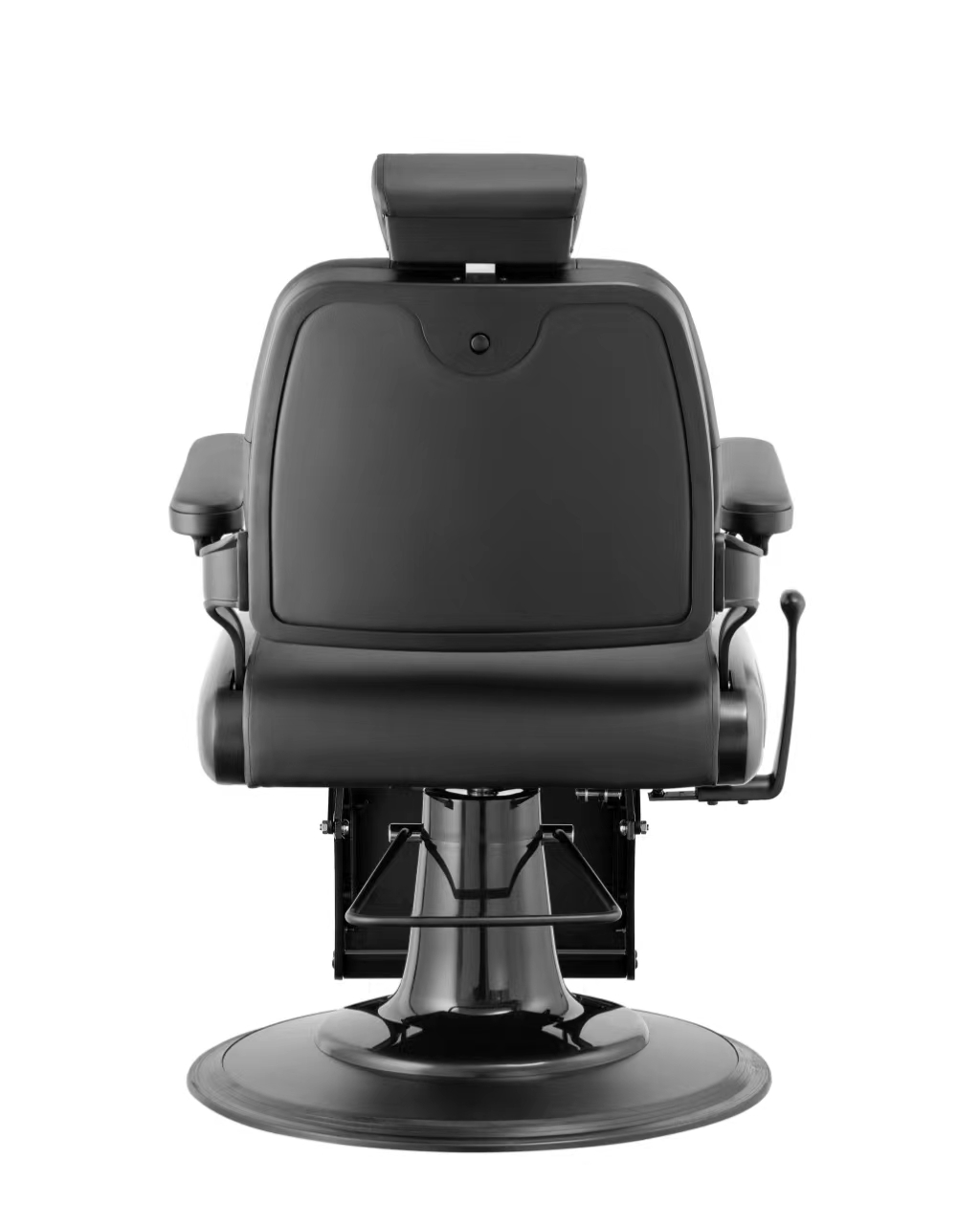 Cadeira de barbeiro preta vista de trás com base redonda