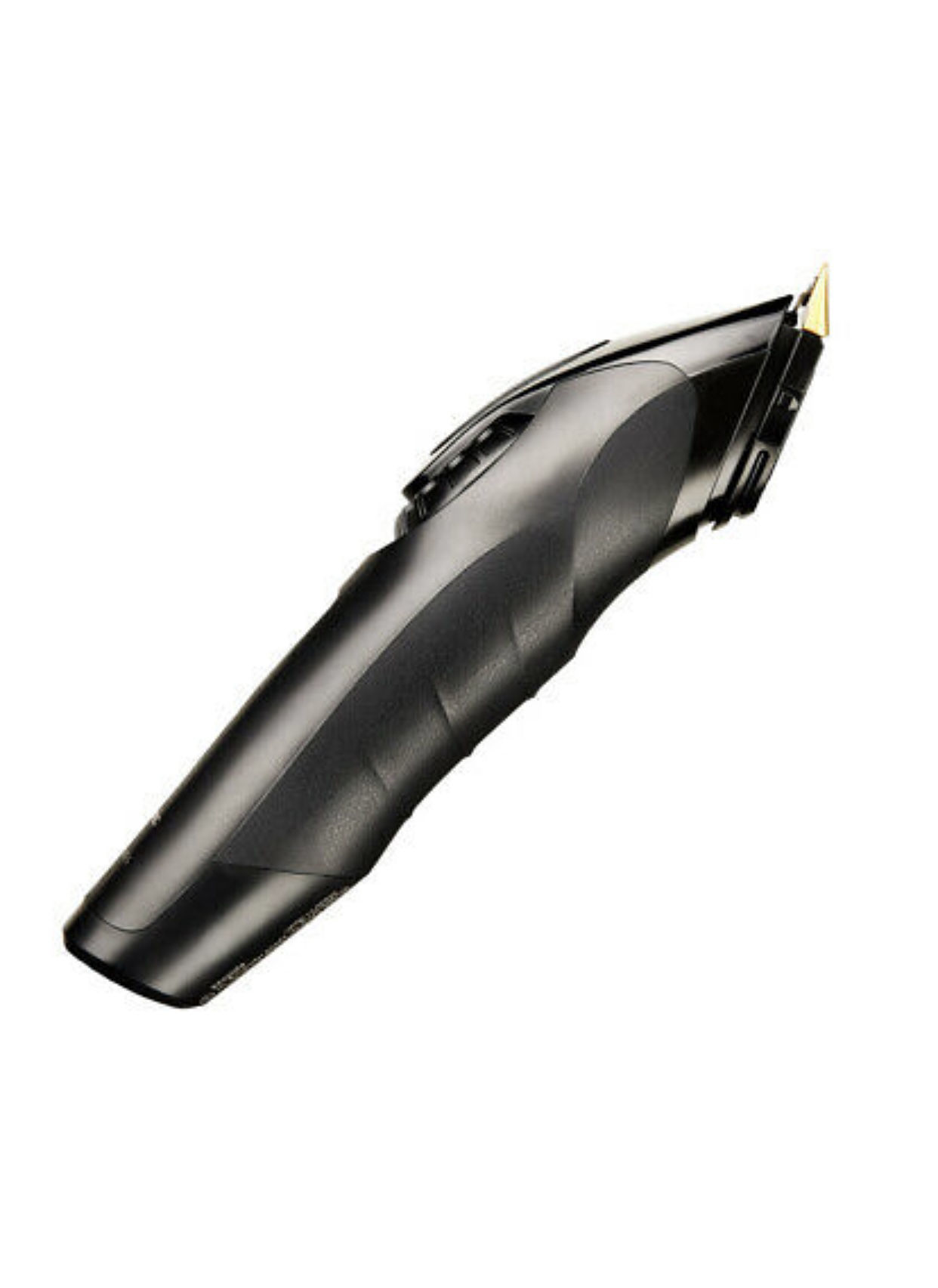 Aparelho de barbear preto com ponta dourada sobre fundo branco.