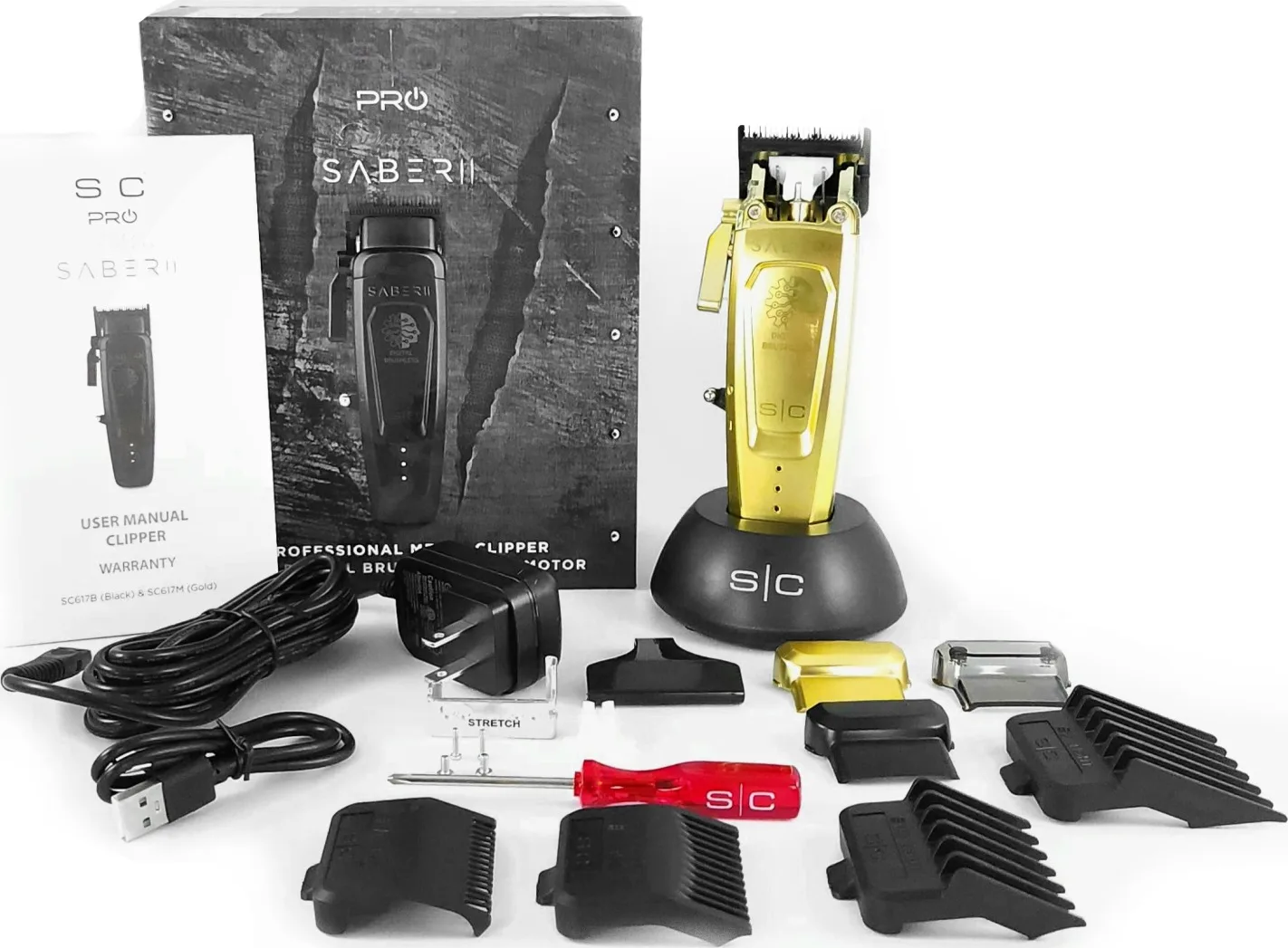 Máquina de cortar cabelo dourada SABER II com acessórios e embalagem.