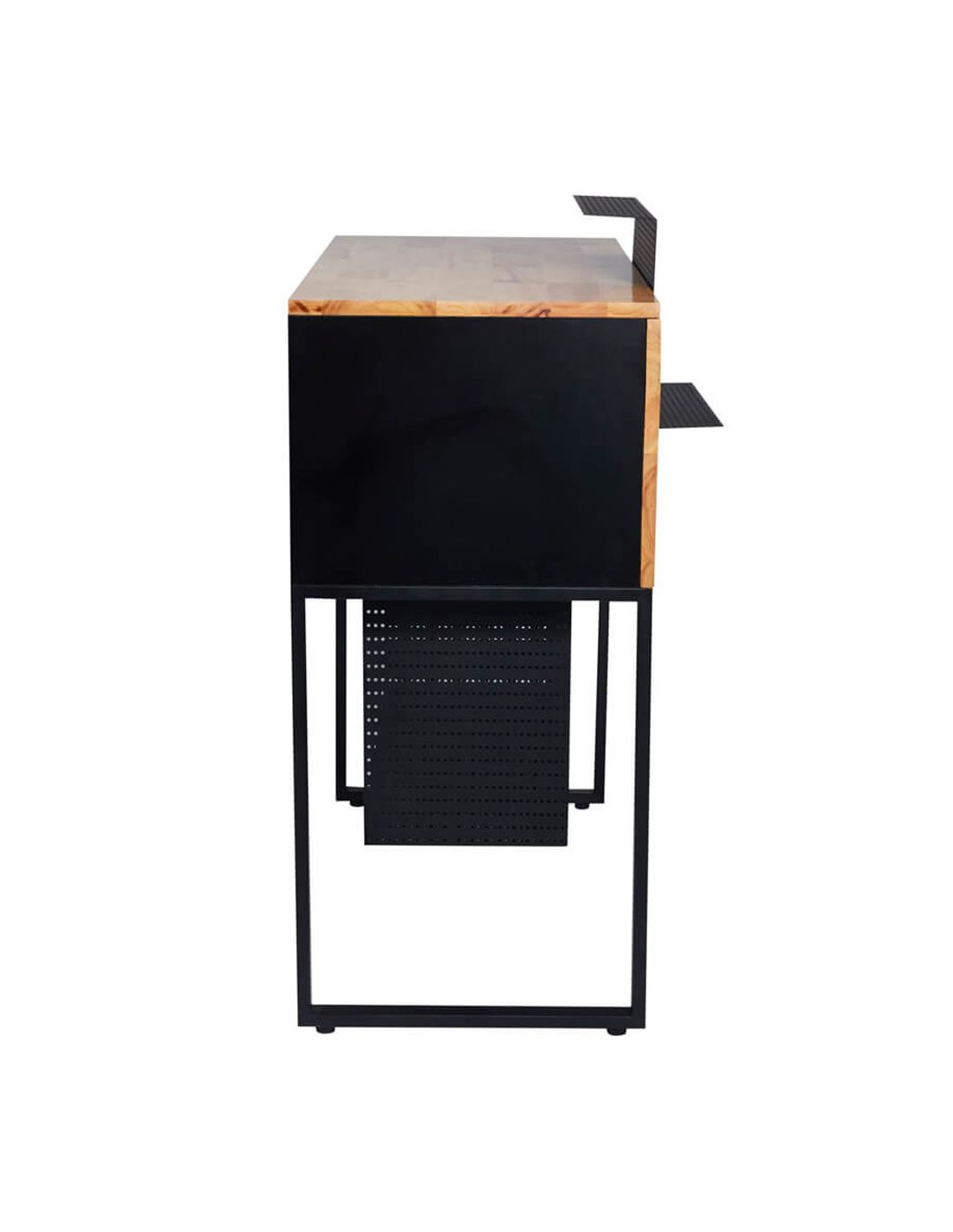 Móvel industrial em metal preto e madeira clara com painel perfurado