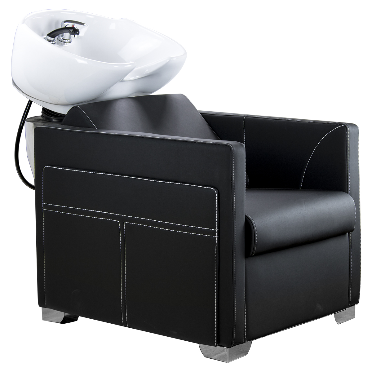 Cadeira de cabeleireiro preta com lava-cabeças branco