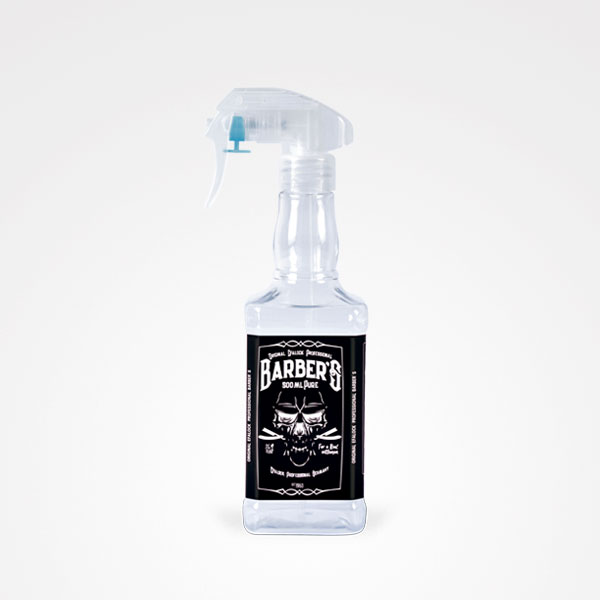 Frasco de spray transparente com rótulo preto e texto branco
