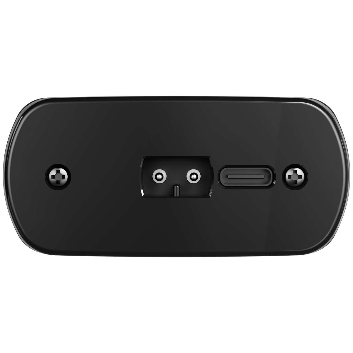 Dispositivo electrónico preto com entradas e parafusos