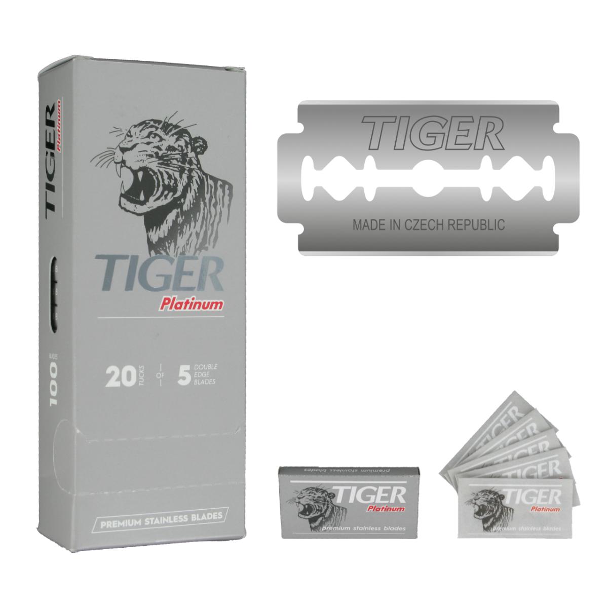 Lâminas de barbear Tiger Platinum com caixa cinza e ilustração de tigre