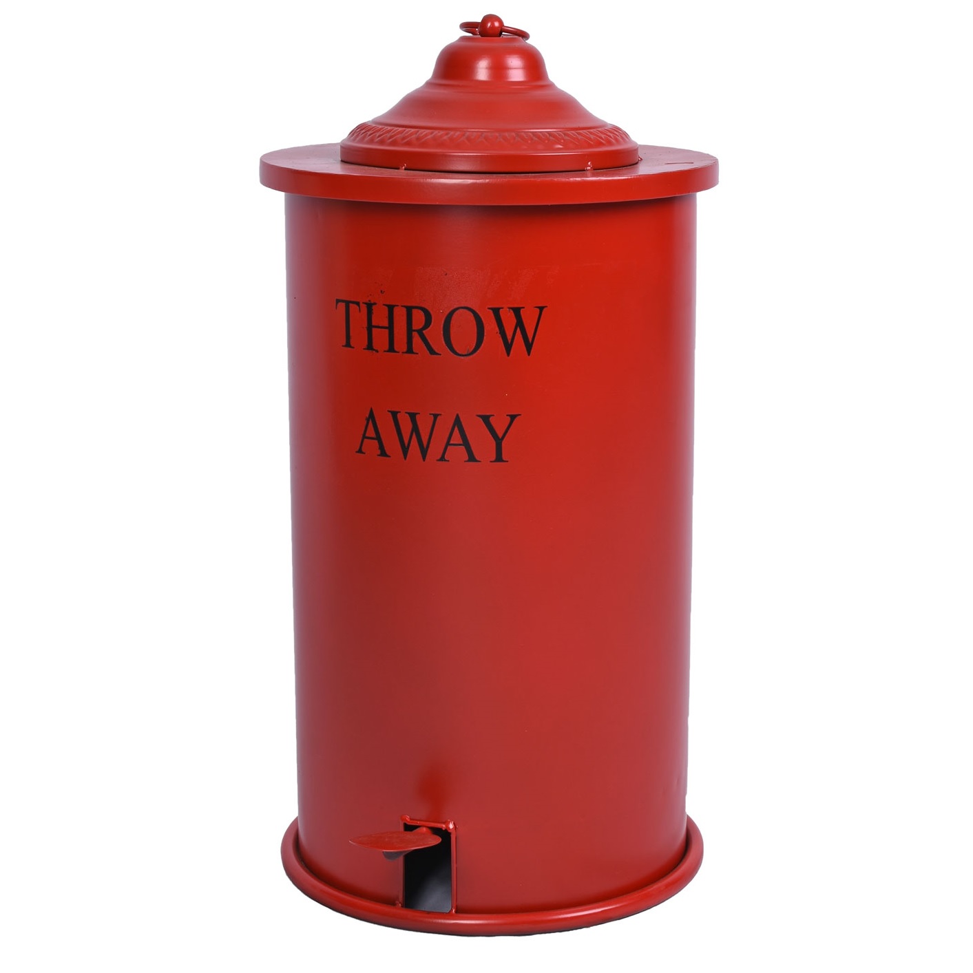 Contentor de lixo vermelho com tampa e pedal, texto THROW AWAY