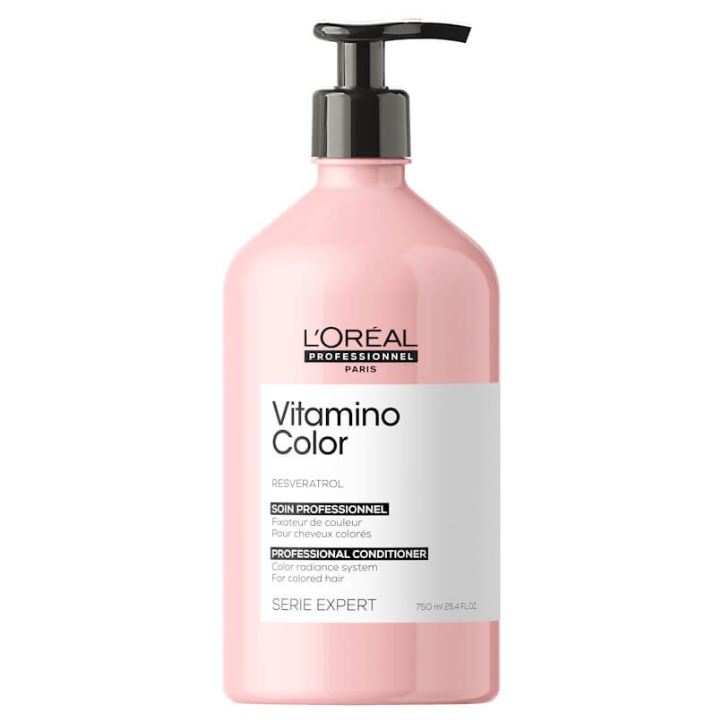 Frasco rosa de condicionador Vitamino Color L'Oréal com tampa doseadora preta