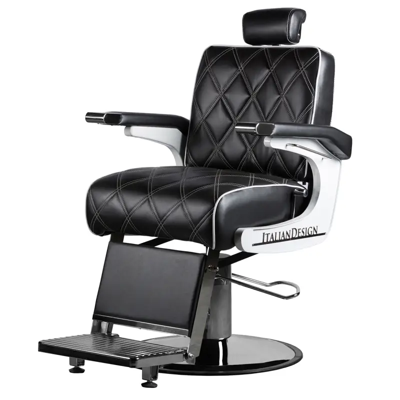 Cadeira de barbeiro preta com estofado em couro sintético acolchoado e base metálica redonda.
