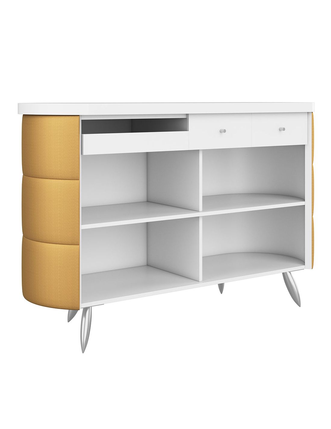 Móvel branco com gavetas, estofos amarelos e pernas metálicas finas