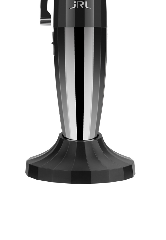 Lâmina de aparar cabelo metálica e preta com texto JRL