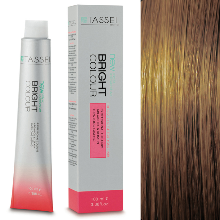 Tubo e embalagem de tinta capilar TASSEL Bright Colour com amostra de cabelo castanho claro e dourado