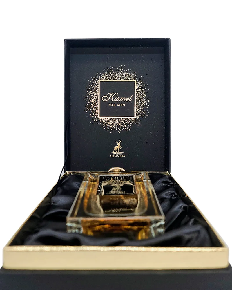 Frasco de perfume Kismet For Men em caixa preta e dourada