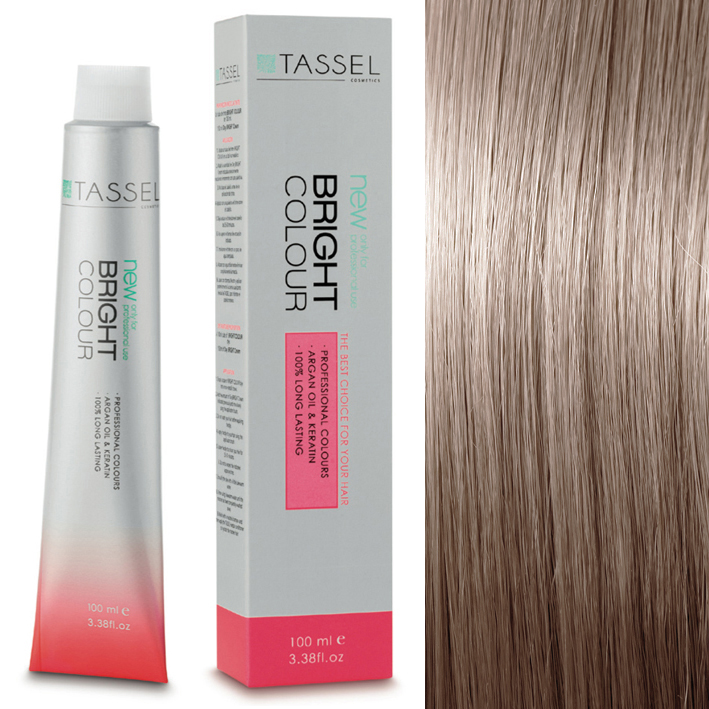 Tubo e caixa de tinta de cabelo TASSEL Bright Colour com cabelo castanho claro acinzentado.