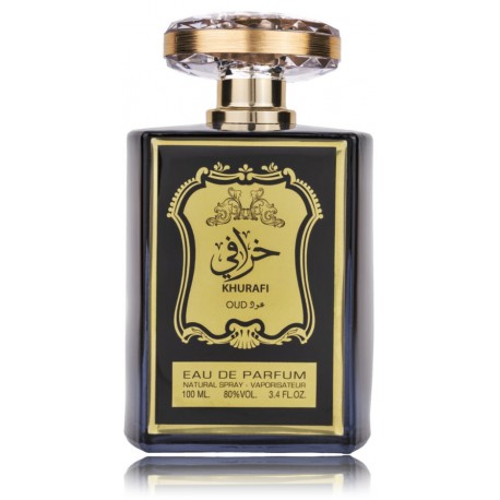 Frasco de perfume retangular preto com rótulo dourado e tampa translúcida