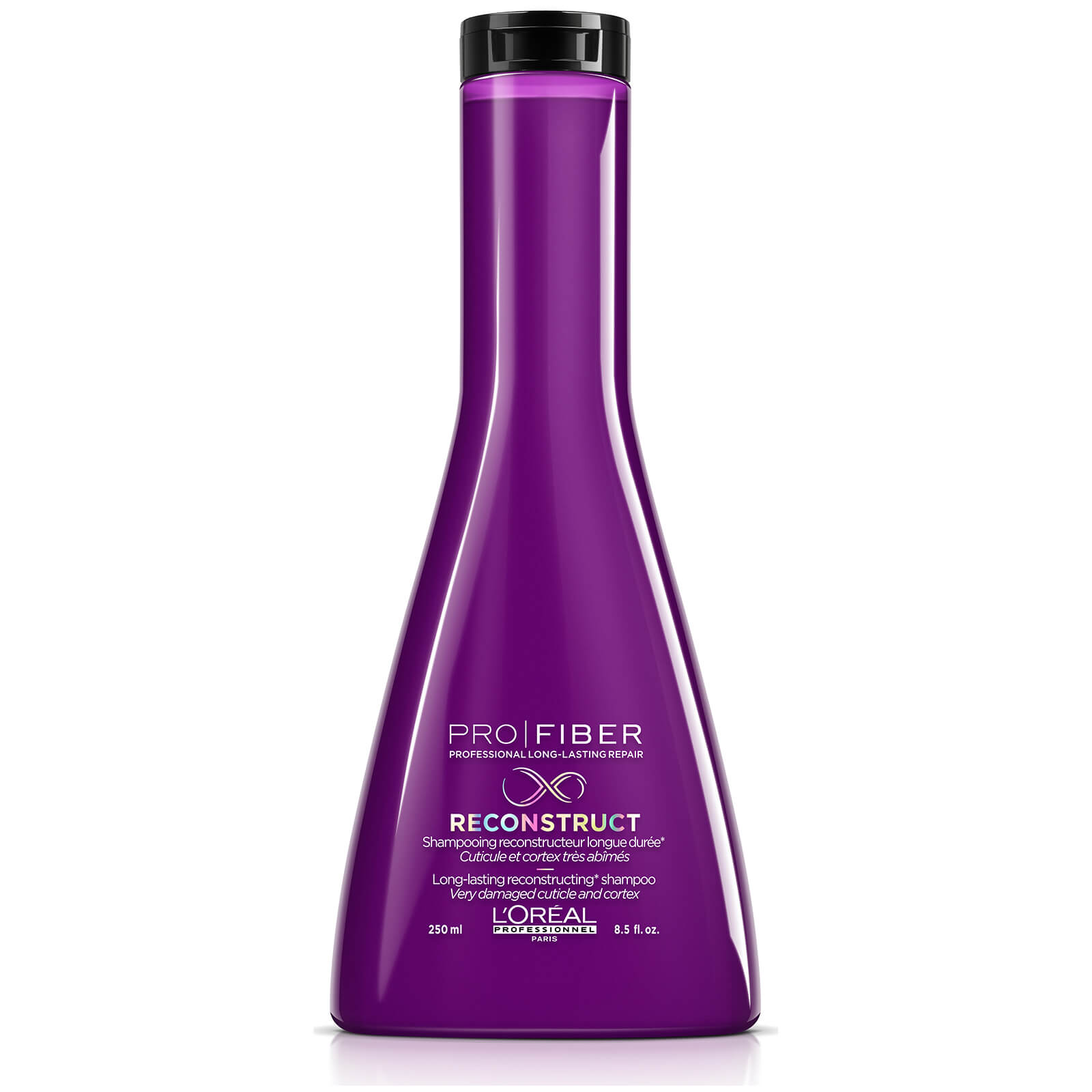 Frasco roxo de champô L'Oréal PRO FIBER RECONSTRUCT com tampa preta