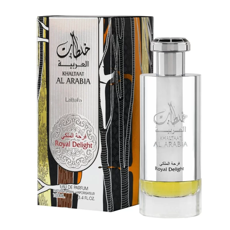 Frasco de perfume Khaltat Al Arabia Royal Delight com embalagem colorida ao lado