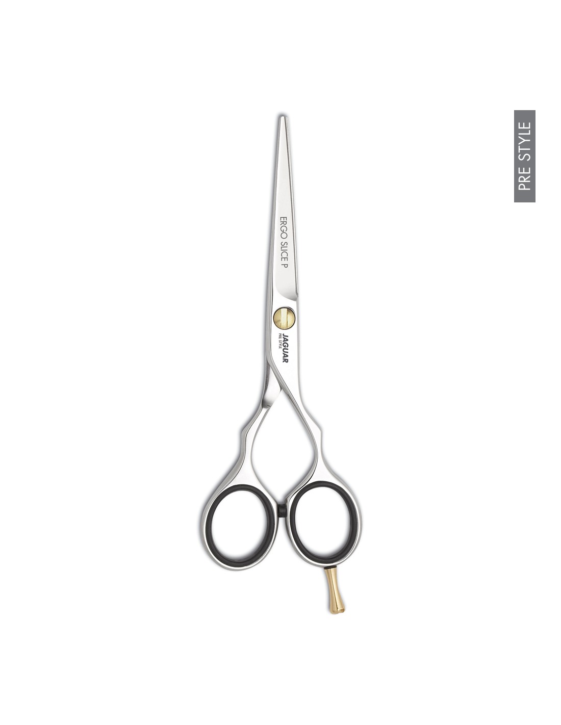 Tesoura de corte em aço inoxidável com cabos pretos e detalhe dourado sobre fundo branco