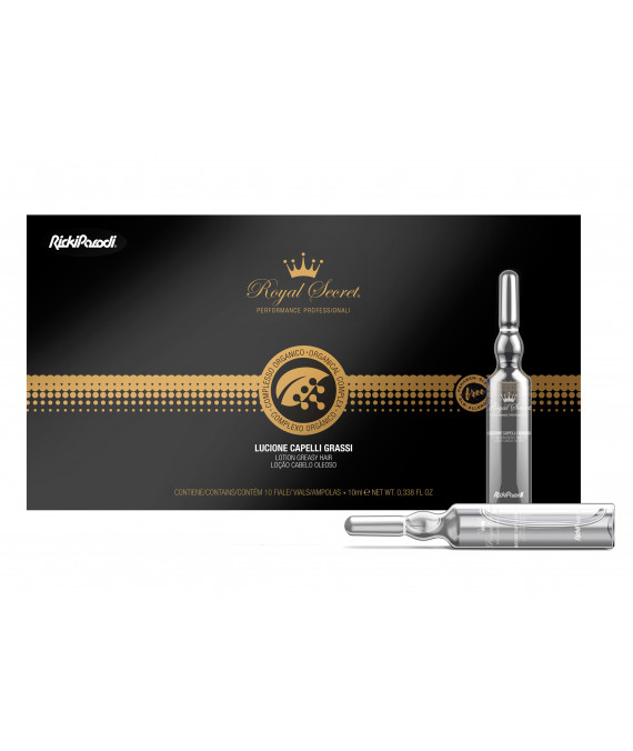 Caixa preta com detalhes dourados e ampolas transparentes de produto capilar Royal Secret