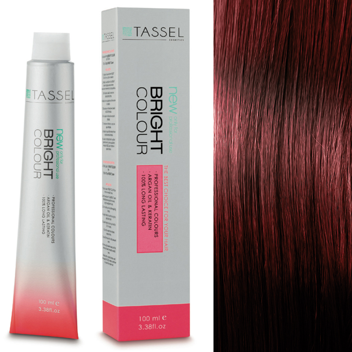 Tinta para cabelo Tassel Bright Colour em tubo e caixa ao lado de amostra de cabelo vermelho brilhante