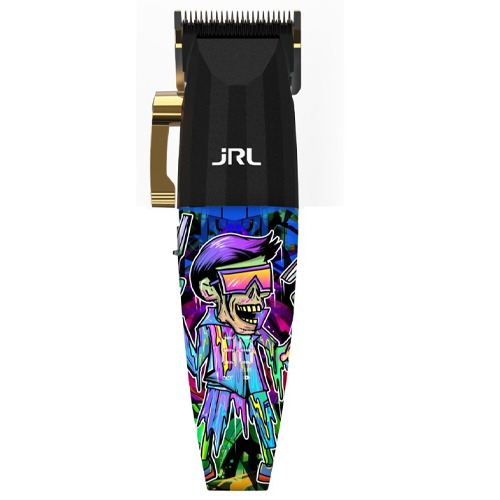 Máquina de cortar cabelo preta com decoração colorida tipo graffiti e marca JRL