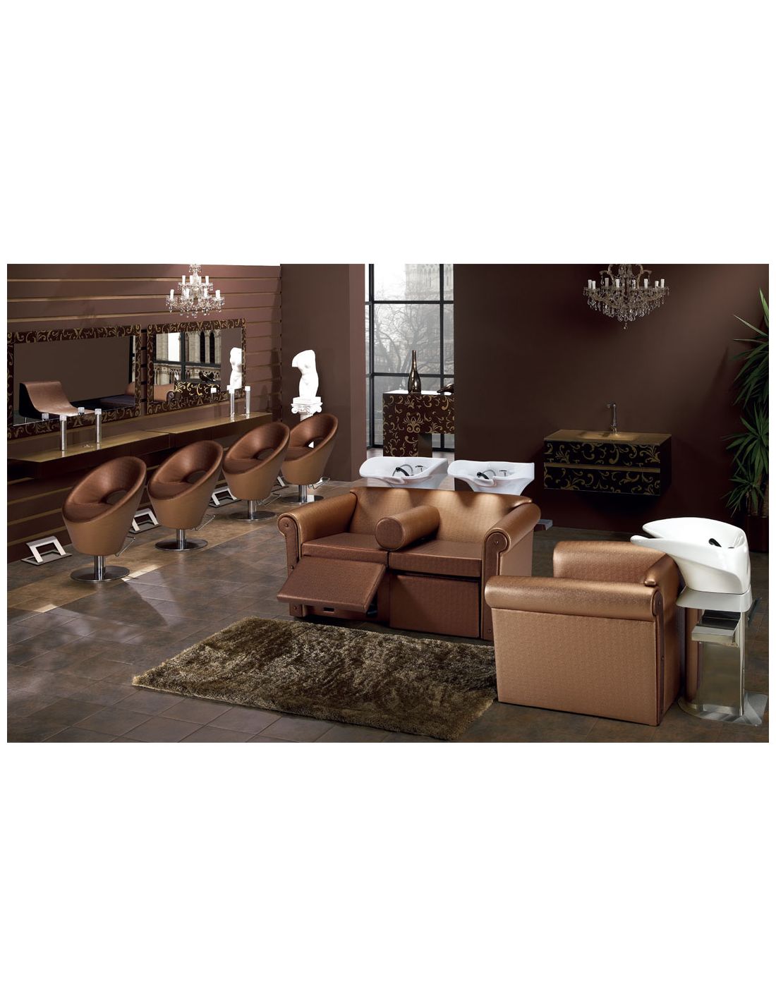 Espaço de cabeleireiro com cadeiras de couro castanho e lavatórios brancos