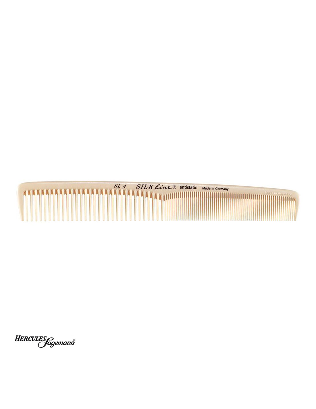 Pente creme com texto preto e dentes de diferentes larguras