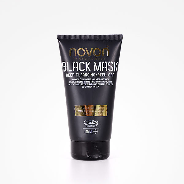 Tubo preto de Black Mask Novon com texto branco e dourado
