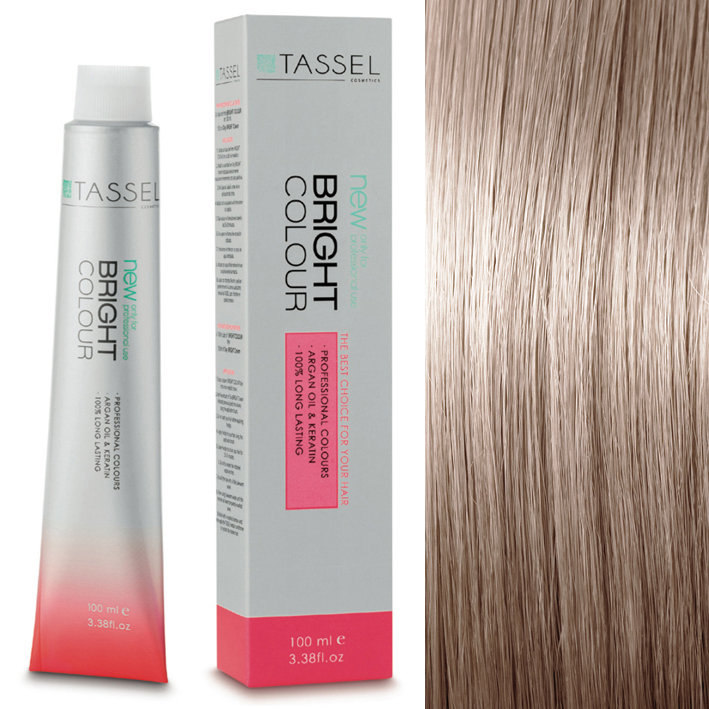 Tubo e caixa do tintura para cabelo TASSEL Bright Colour e uma amostra de cabelo loiro claro.