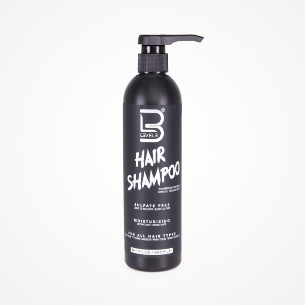 Frasco preto de shampoo B Level3 com texto branco