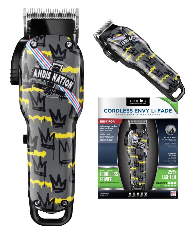 Máquina de cortar cabelo Andis Nation cinzenta com padrões pretos e amarelos e embalagem