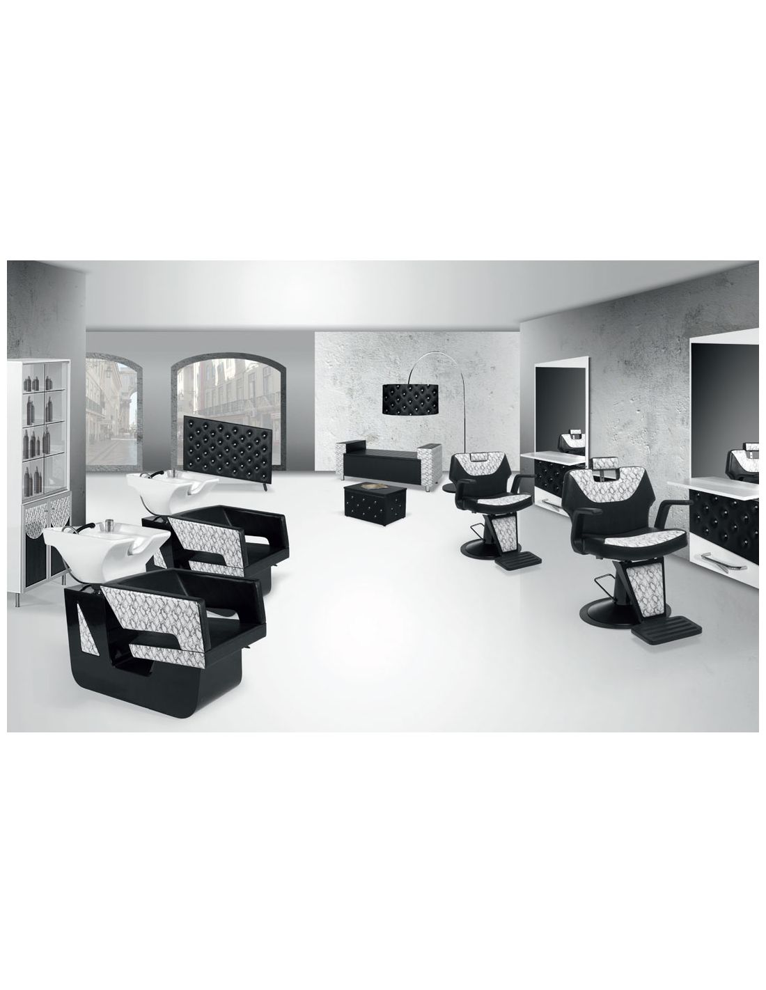 Sala de cabeleireiro com cadeiras pretas e brancas, espelhos e móveis com padrão branco em relevo