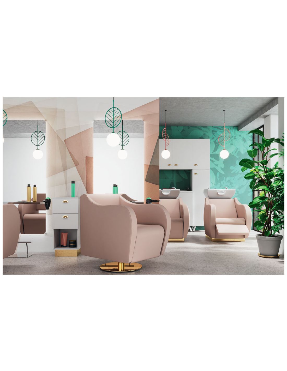 Salão de beleza com cadeiras rosa, lavatórios brancos e decoração verde com plantas