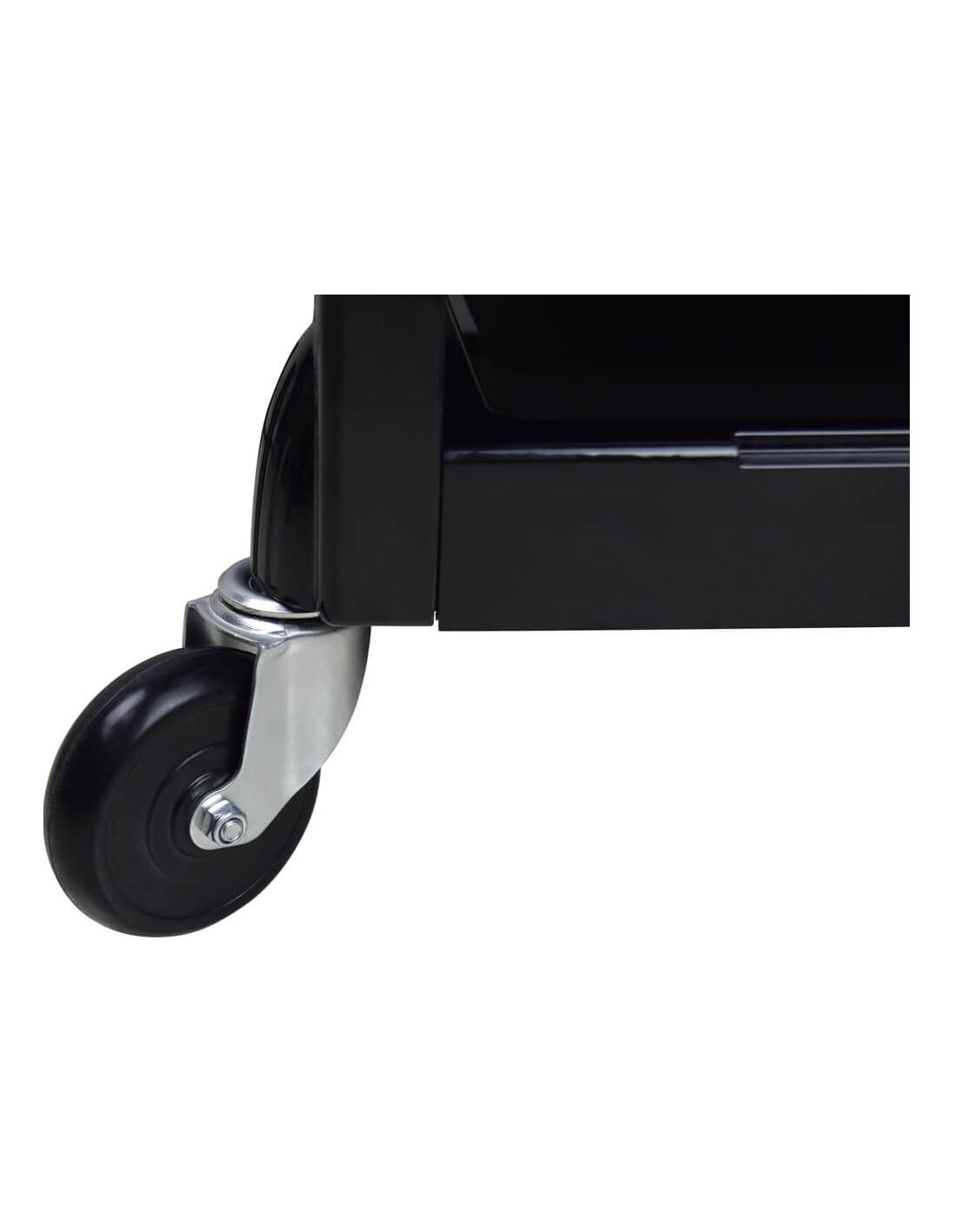 Roda preta com estrutura metálica prateada ligada a um móvel preto.