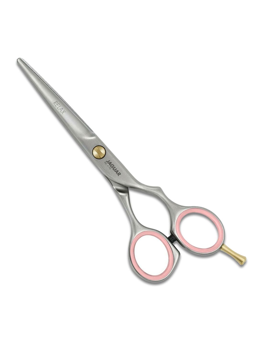 Tesoura de metal prateado com cabos rosa e detalhe dourado