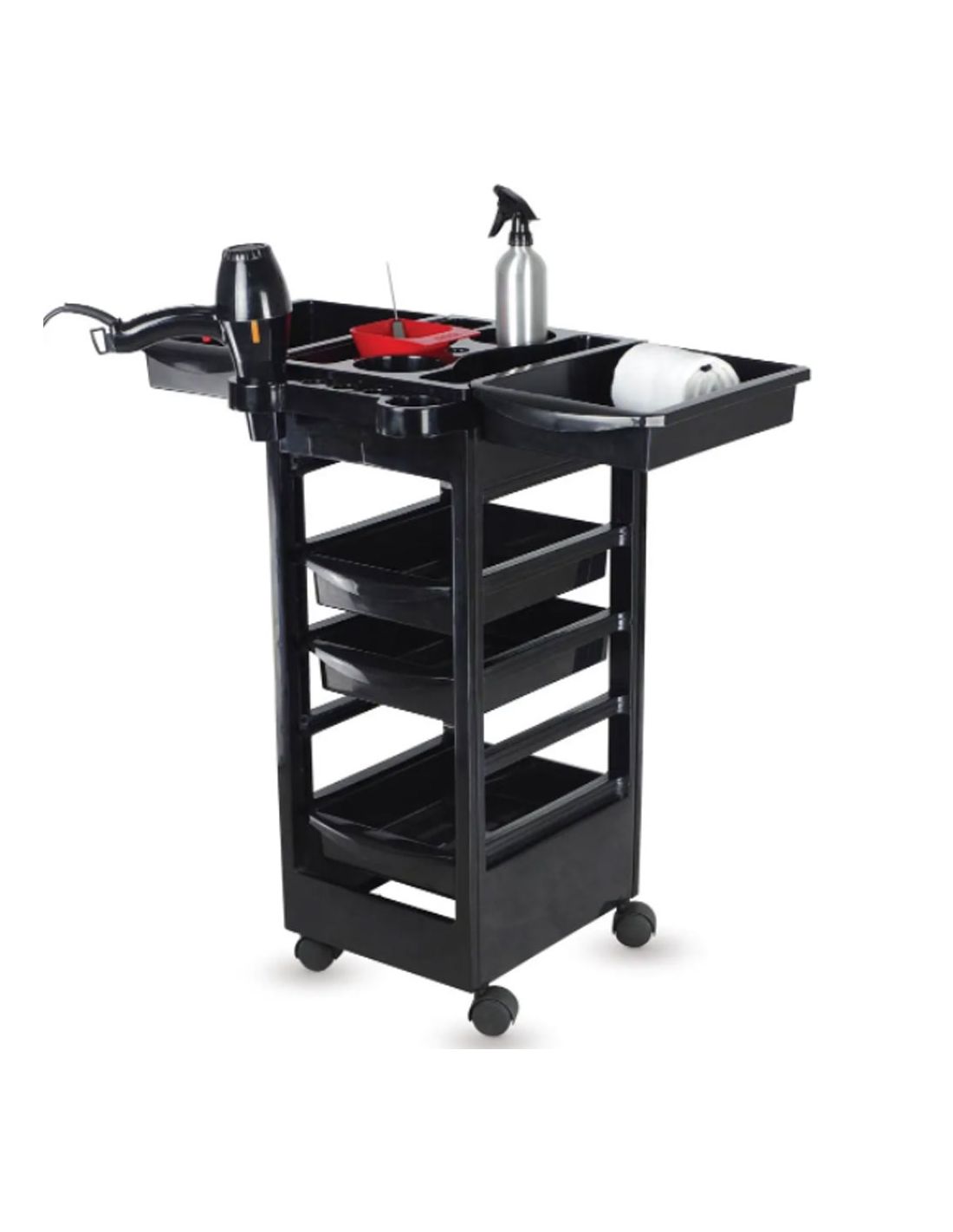 Carrinho móvel preto para salão com secador, pulverizador e pincel