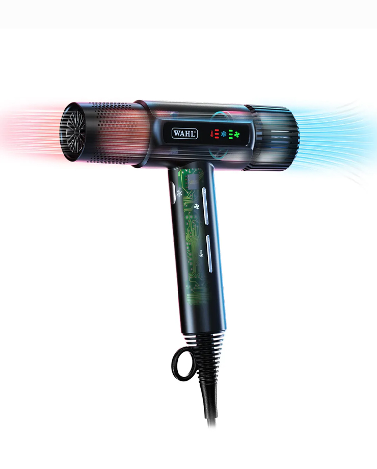 Secador de cabelo preto da marca WAHL com controlo de temperatura e potência