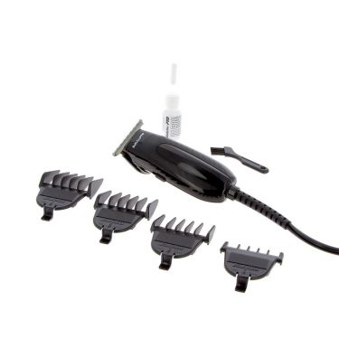 Conjunto para cortar cabelo com máquina preta, quatro pentes, escova de limpeza e frasco de óleo