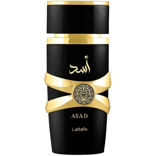 Frasco de perfume preto e dourado Lattafa Asad