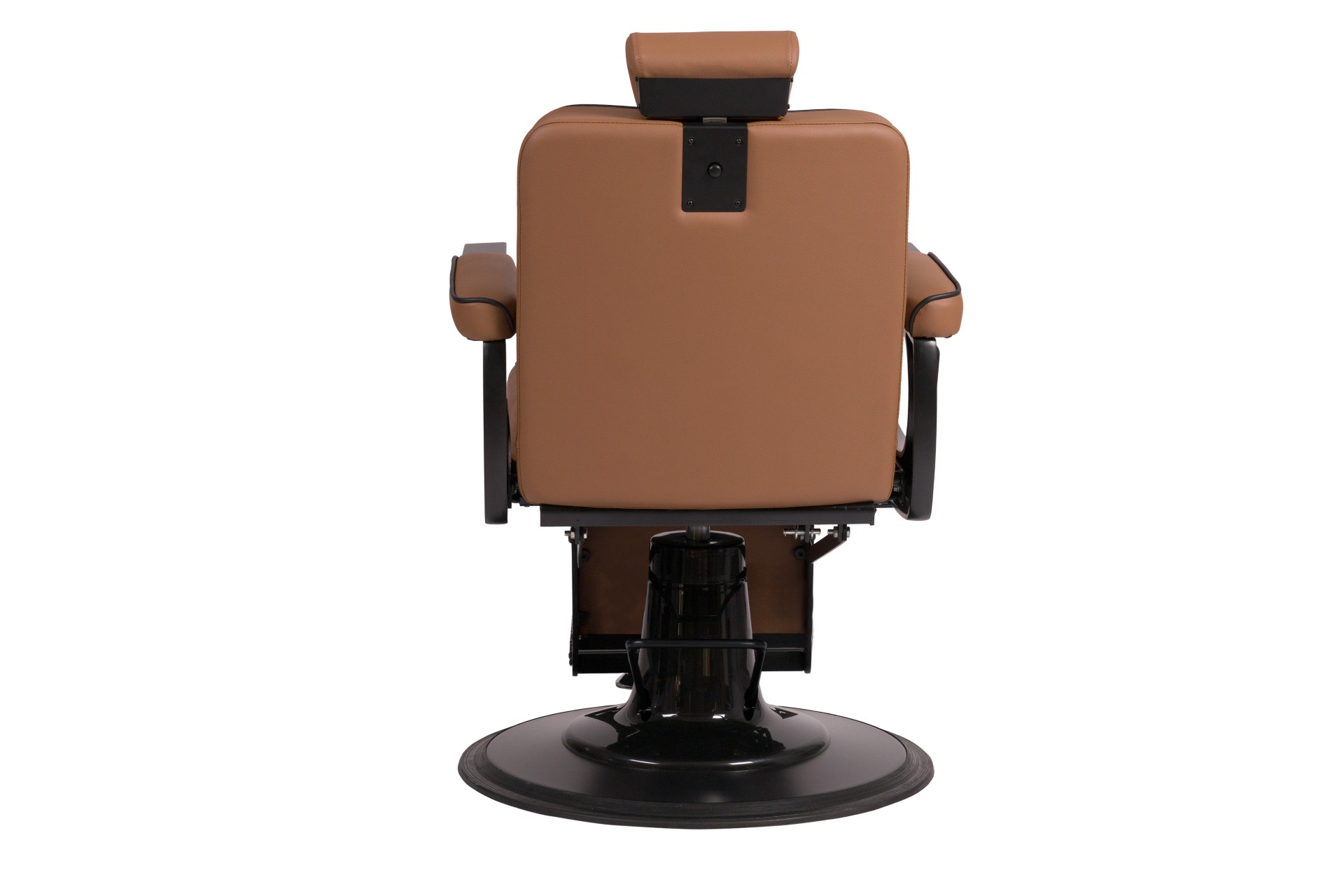 Cadeira de barbeiro castanha vista de trás com base preta