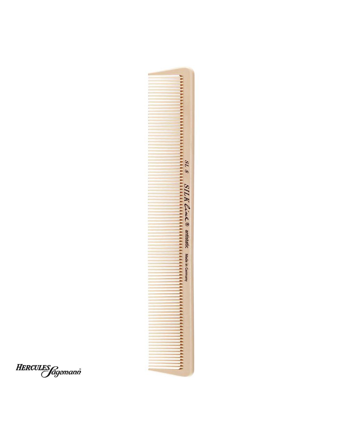 Pente plástico bege com texto impresso e fundo branco