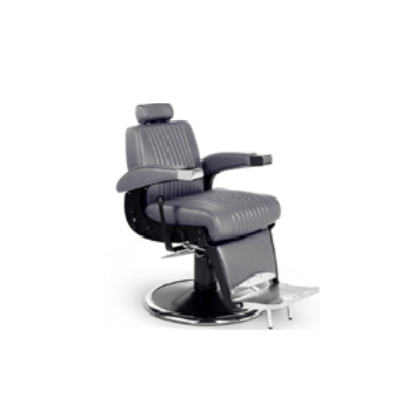 Cadeira de barbeiro de couro cinzento com base circular cromada