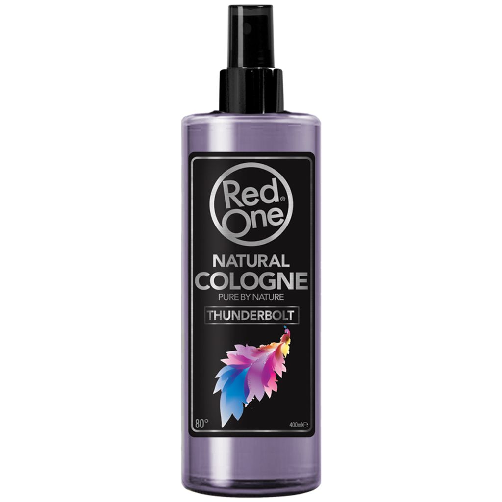Frasco spray roxo metálico com rótulo preto Red One NATURAL COLOGNE THUNDERBOLT.