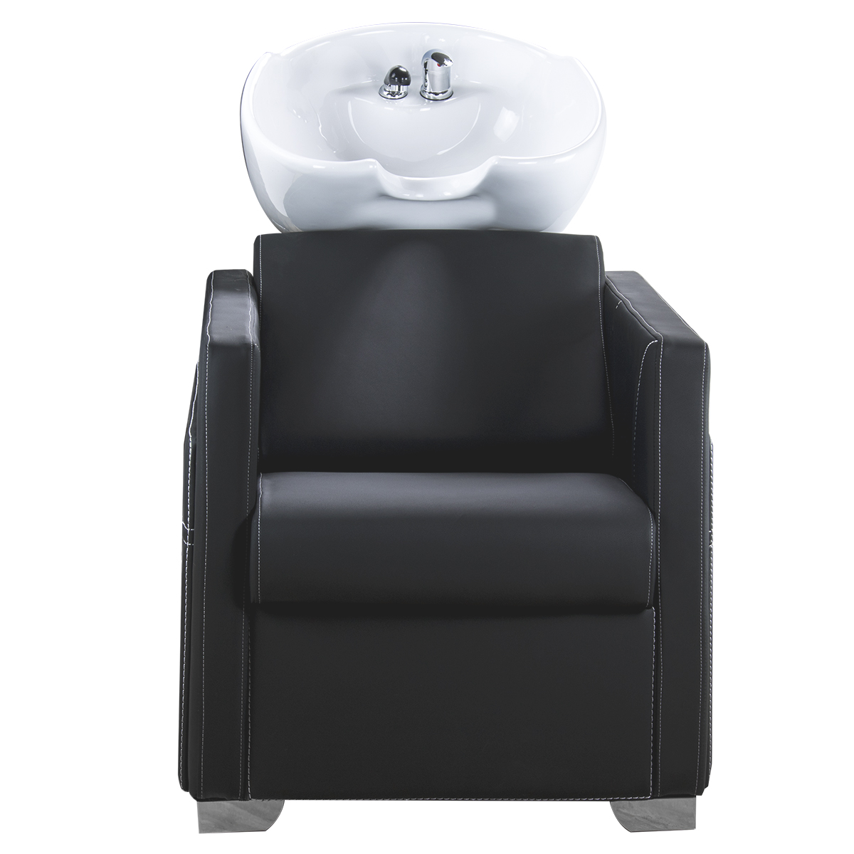 Cadeira preta de salão com lavatório branco embutido para lavagem de cabelo