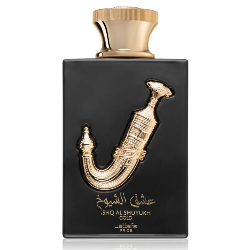 Frasco de perfume preto com decoração dourada de saxofone e texto em dourado.