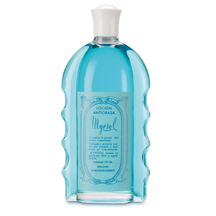 Frasco plástico transparente com líquido azul e rótulo azul claro com texto