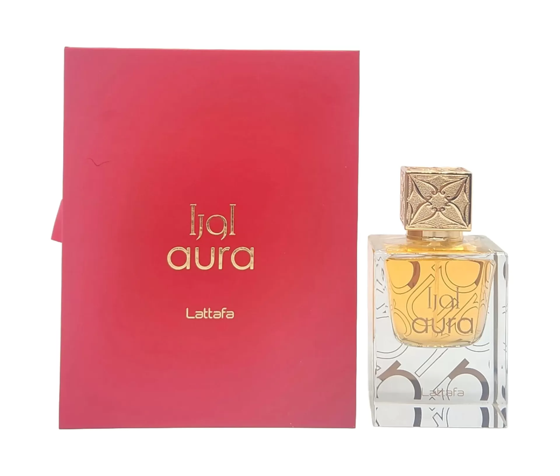 Frasco de perfume dourado com caixa vermelha