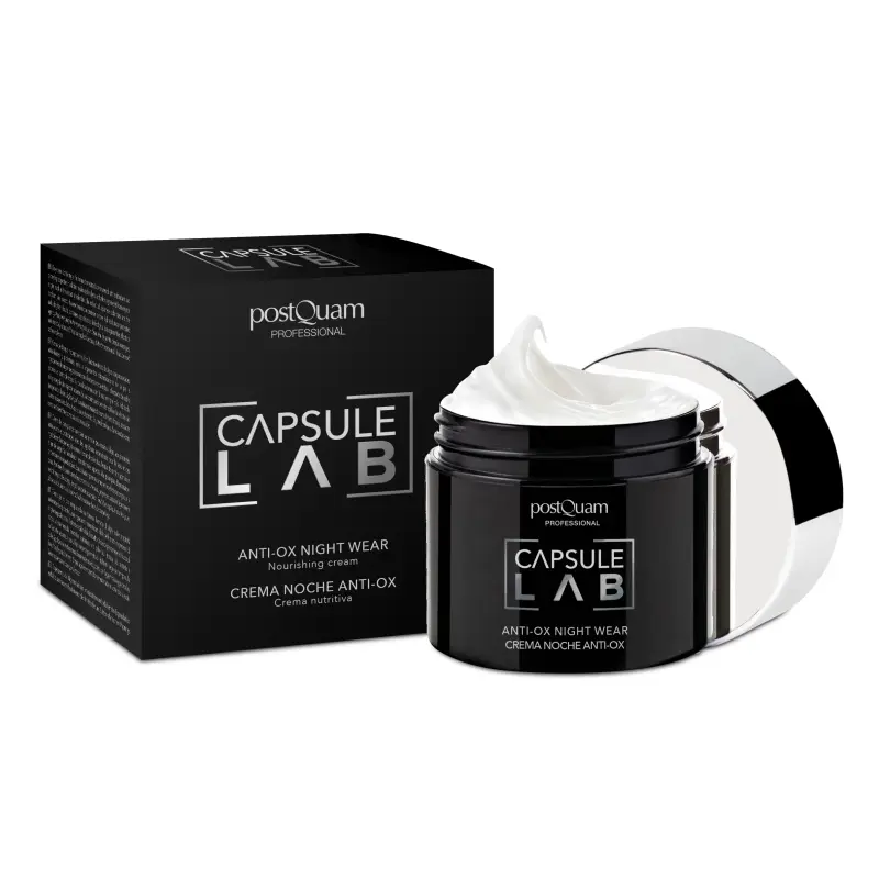 Frasco preto aberto com creme branco e embalagem preta do creme Capsule Lab Anti-Ox Night Wear
