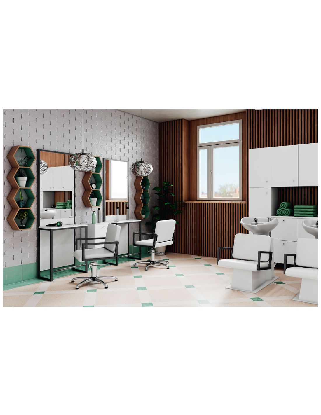 Salão de beleza moderno com cadeiras brancas, espelhos e prateleiras hexagonais.