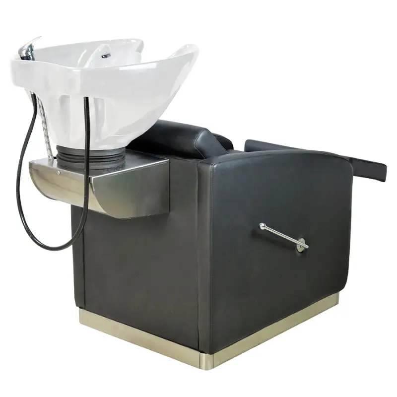 Cadeira de lavagem preta com cuba branca para cabeleireiro